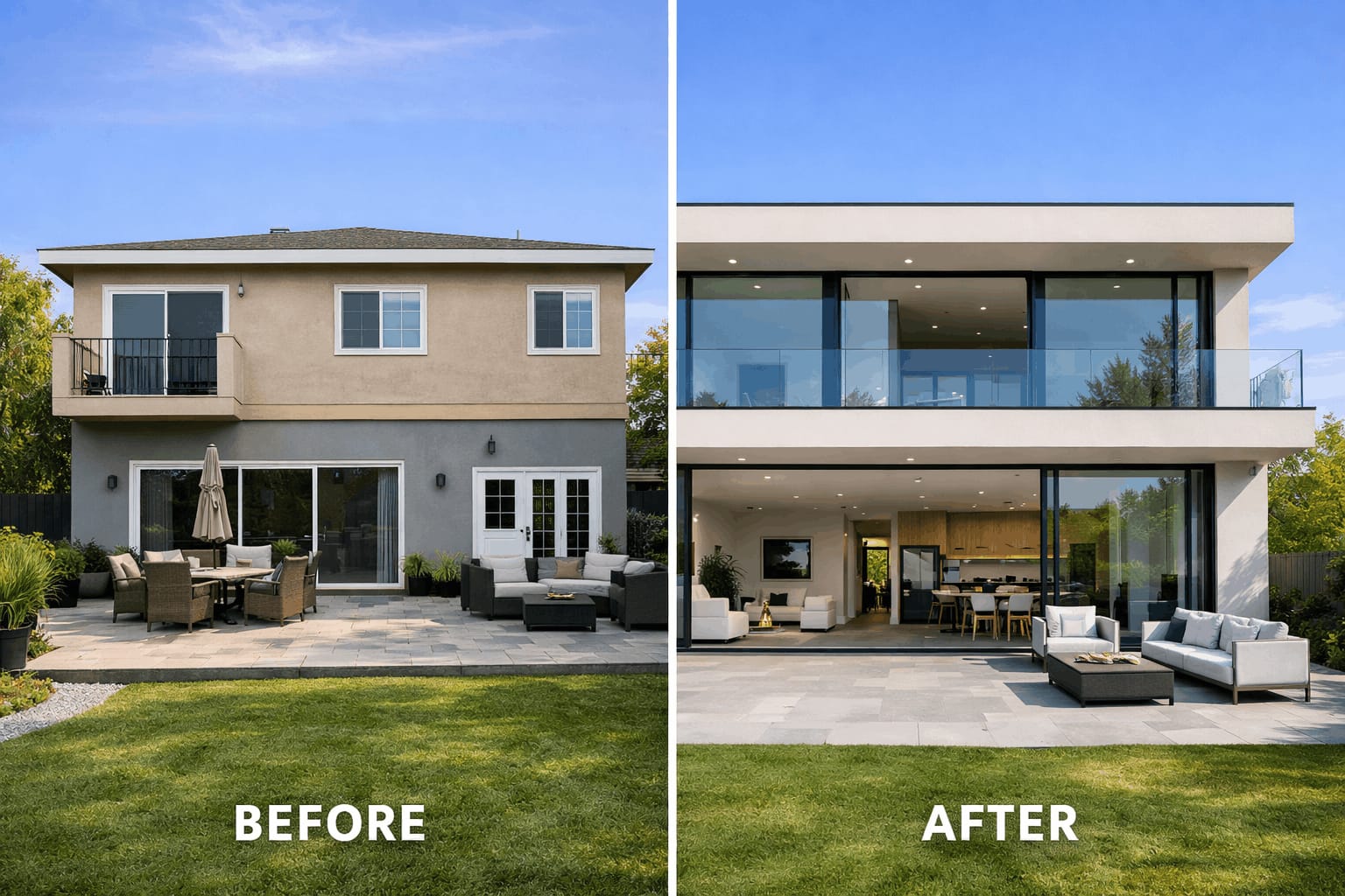 Side-by-side comparison of suburban house before and after modern renovation with glass windows |