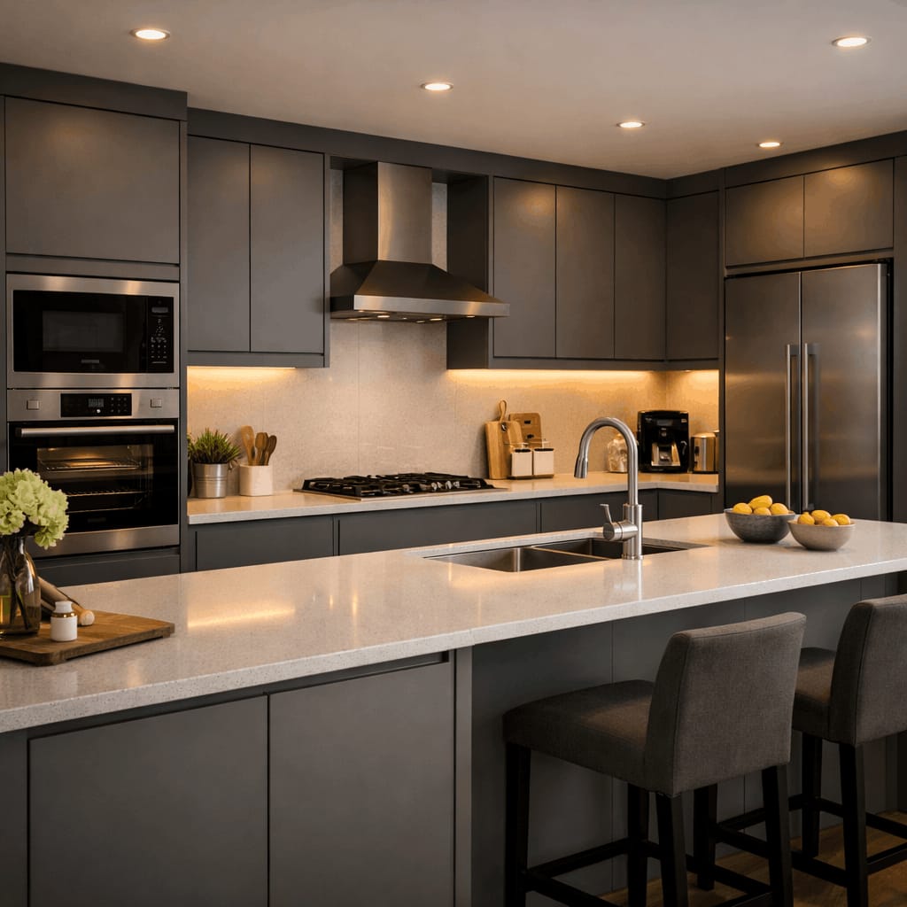Sleek modern kitchen with dark cabinetry, quartz island, and stainless steel appliances
