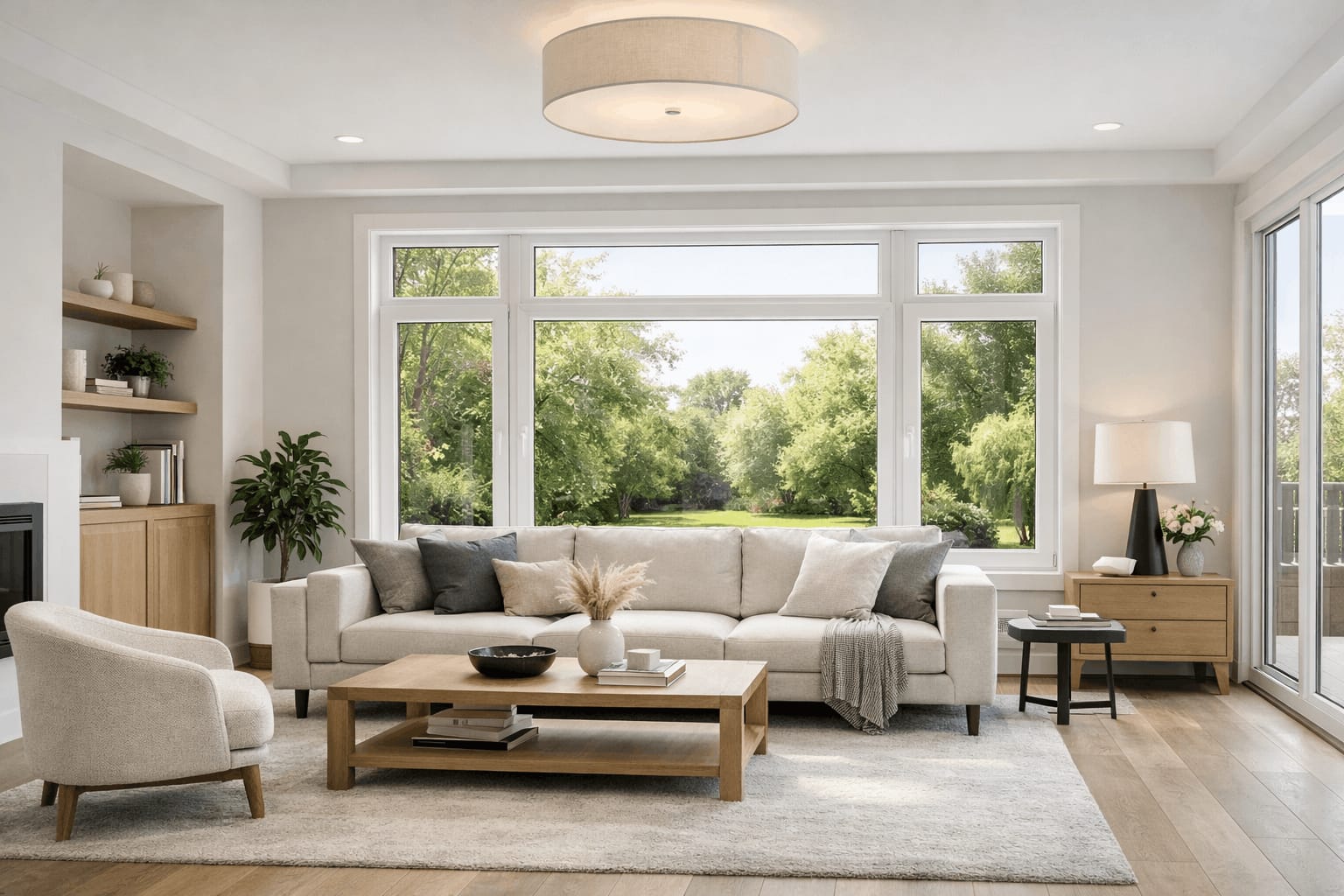 Elegant living room with sectional sofa, coffee table, and large windows overlooking greenery |