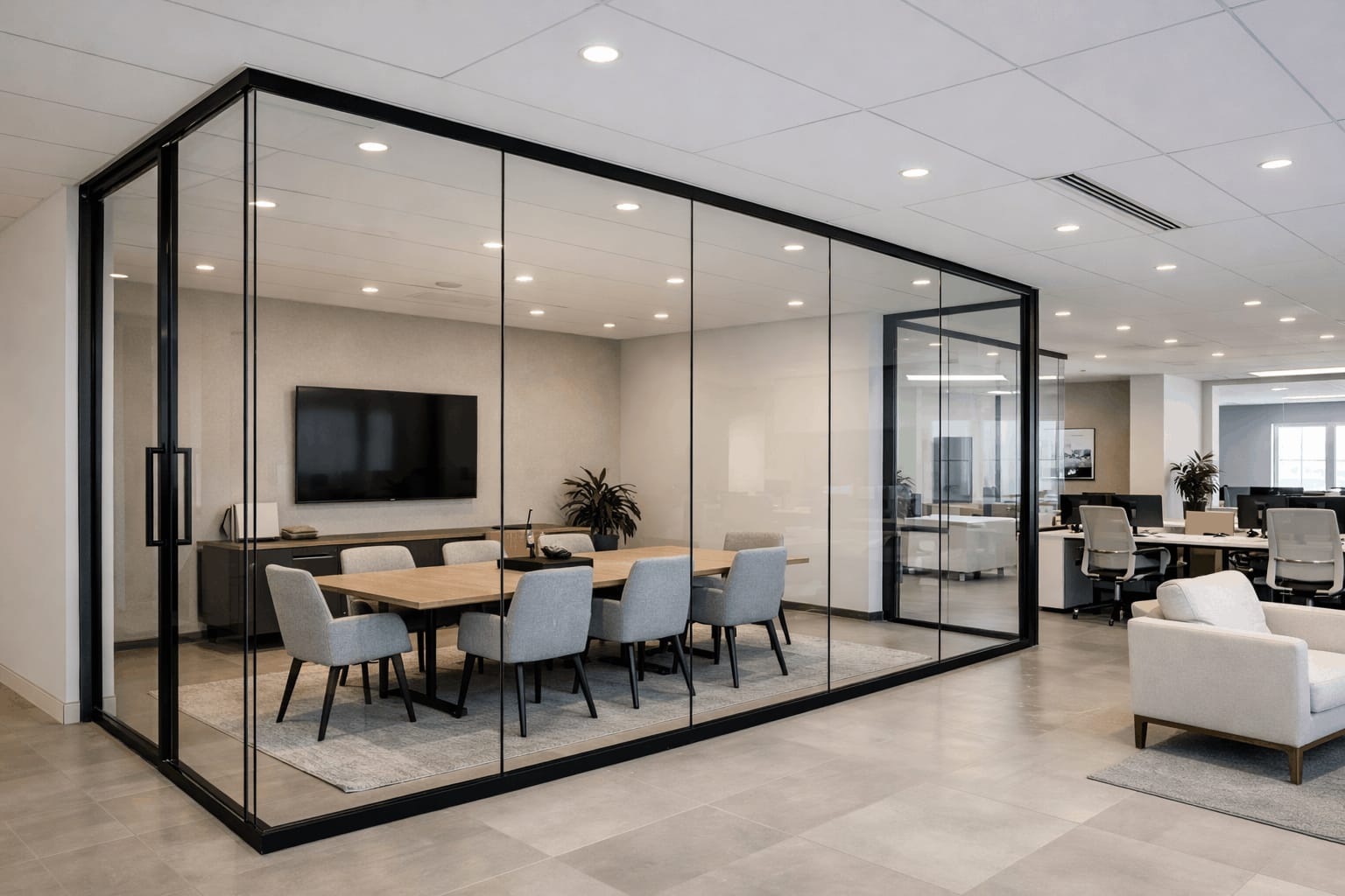 Modern office conference room with glass walls, wooden tables, and black chairs |